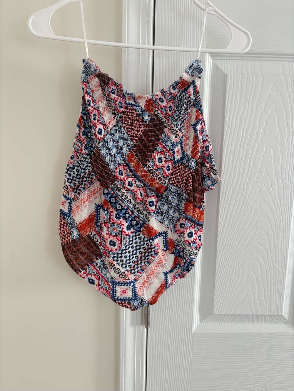 New Look Geometric & Floral Print Smocked Cami in Red, Blue & Brown
